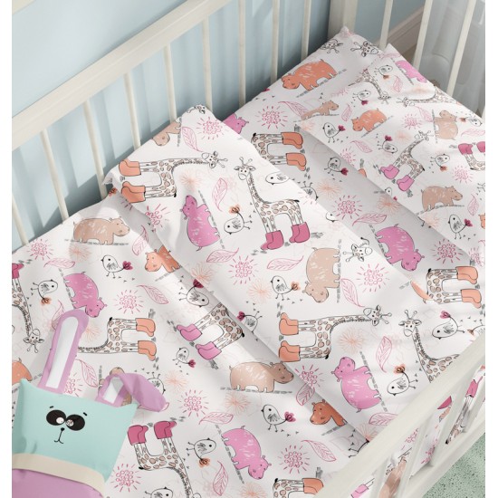 Σεντόνια Κούνιας Σετ Jungle Pink Cotton Cokitex (125x175) 3Τεμ