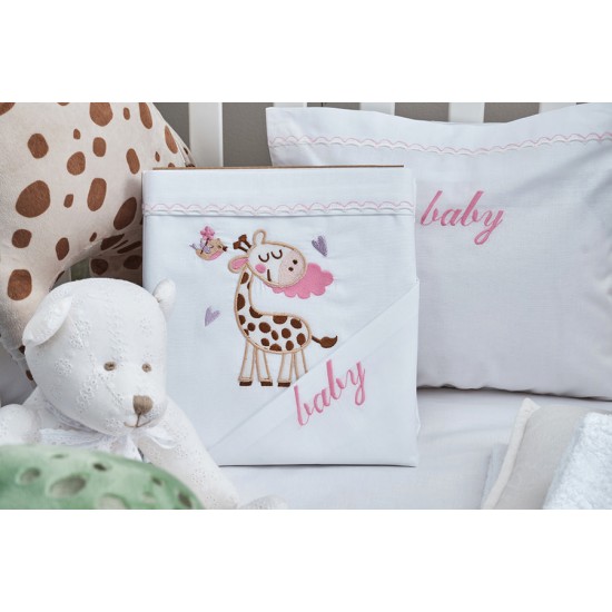 Σεντόνια Βρεφικά Με Κέντημα Κούνιας Σετ Baby Girraffe Pink Cotton Cokitex (120x160) 3Τεμ