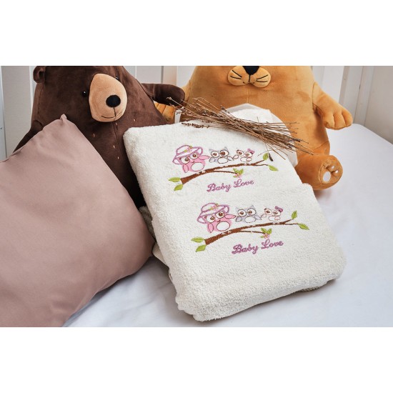Πετσέτες Βρεφικές Με Κέντημα Ecru Σετ Baby Owl Pink Cotton Cokitex 2Τεμ
