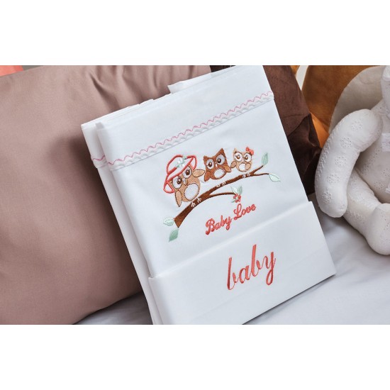 Σεντόνια Βρεφικά Με Κέντημα Κούνιας Σετ Baby Owl Apricot Cotton Cokitex (120x160) 3Τεμ
