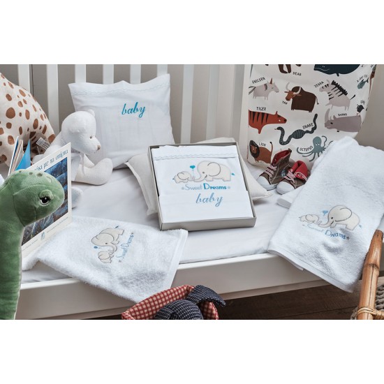 Πετσέτες Βρεφικές Με Κέντημα Ecru Σετ Baby Elephant Blue Cotton Cokitex 2Τεμ