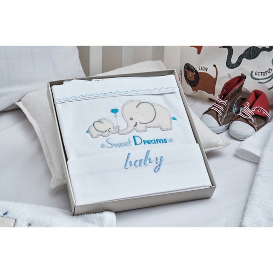Σεντόνια Βρεφικά Με Κέντημα Κούνιας Σετ Baby Elephant Blue Cotton Cokitex (120x160) 3Τεμ