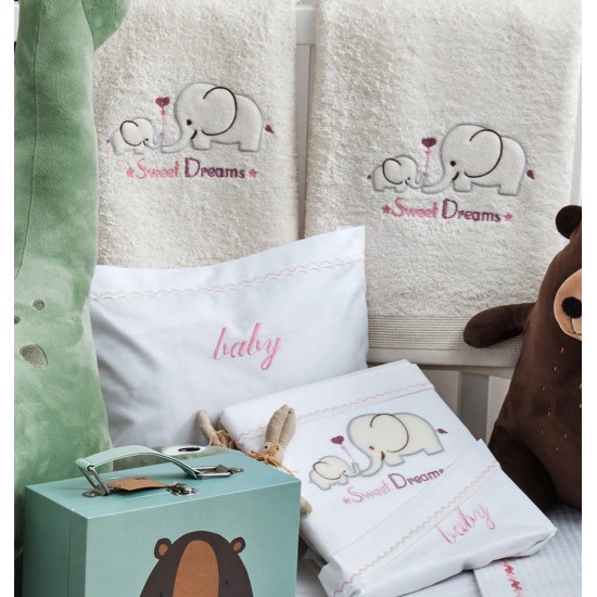 Σεντόνια Βρεφικά Με Κέντημα Κούνιας Σετ Baby Elephant Pink Cotton Cokitex (120x160) 3Τεμ