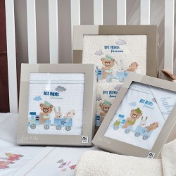 Πετσέτες Βρεφικές Με Κέντημα White Σετ Baby Train Blue Cotton Cokitex 2Τεμ