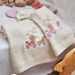 Πετσέτες Βρεφικές Με Κέντημα Ecru Σετ Baby Train Pink Cotton Cokitex 2Τεμ