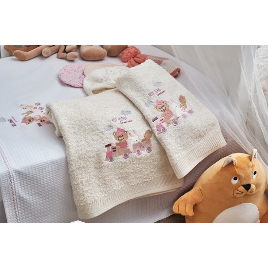 Πετσέτες Βρεφικές Με Κέντημα Ecru Σετ Baby Train Pink Cotton Cokitex 2Τεμ
