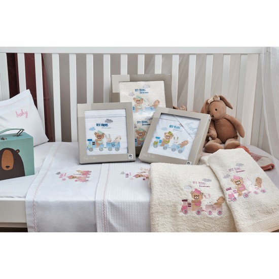 Πετσέτες Βρεφικές Με Κέντημα Ecru Σετ Baby Train Pink Cotton Cokitex 2Τεμ