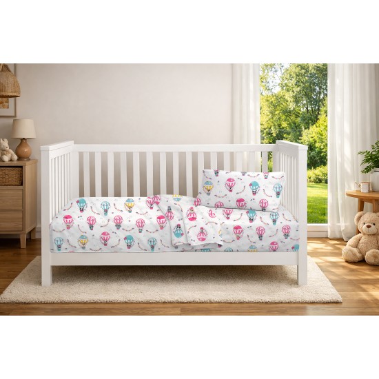 Κατωσέντονο Κούνιας Bebe The Floating Zoo 597 White-Pink Cotton Dimcol (70x140+15) Με Λάστιχο 1Τεμ