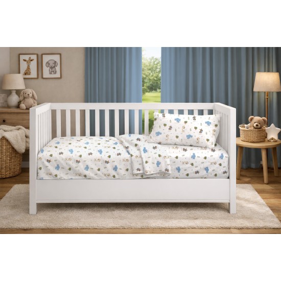 Κατωσέντονο Κούνιας Bebe Happy Safari 711 White-Sky Blue Cotton Dimcol (70x140+15) Με Λάστιχο 1Τεμ