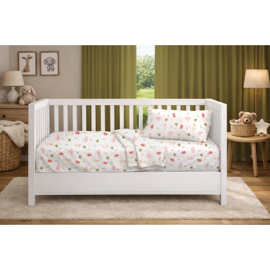 Σεντόνια Βρεφικά Κούνιας Σετ Bebe Happy Safari 712 White-Pink Cotton Dimcol (120x160) 3Τεμ