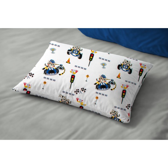 Μαξιλαροθήκη Βρεφική Κούνιας Bebe Animal Grand Prix 589 White-Blue Cotton Dimcol (35x45) 1Τεμ