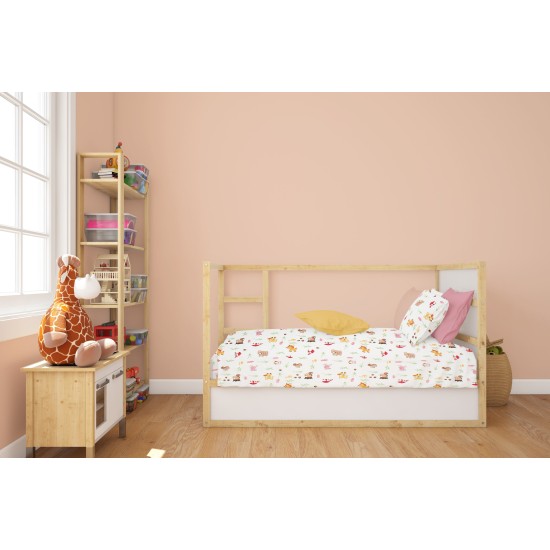 Κατωσέντονο Κούνιας Bebe Forest Animals 571 White-Pink Cotton Dimcol (70x140+15) Με Λάστιχο 1Τεμ