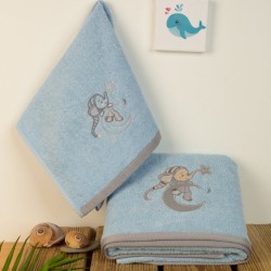 Πετσέτες Βρεφικές Με Κέντημα Σετ Bebe Dreaming Elephant 166 L.Blue Cotton Dimcol 2Τεμ