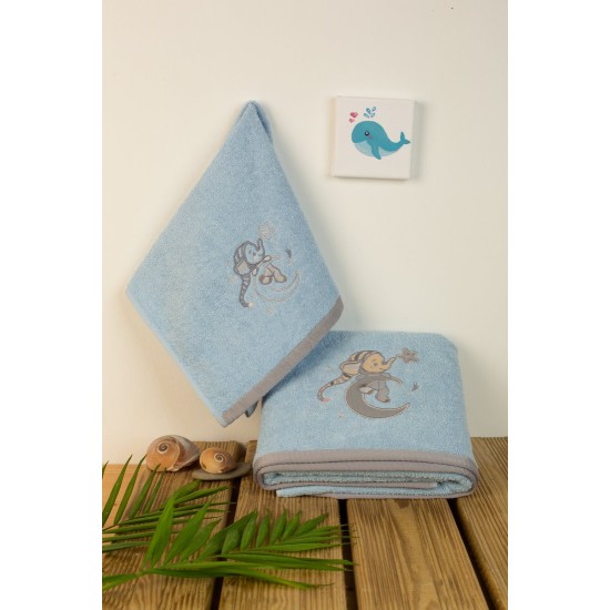 Πετσέτες Βρεφικές Με Κέντημα Σετ Bebe Dreaming Elephant 166 L.Blue Cotton Dimcol 2Τεμ