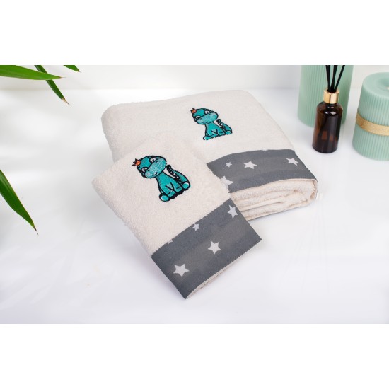 Πετσέτες Παιδικές Σετ Dinosaur 181 Ecru-Grey Cotton Dimcol 2Τεμ