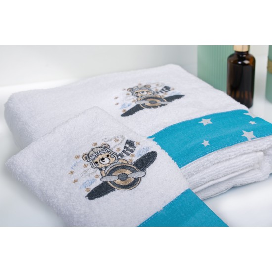 Πετσέτες Παιδικές Σετ Aviator 184 White-Sky Blue Cotton Dimcol 2Τεμ
