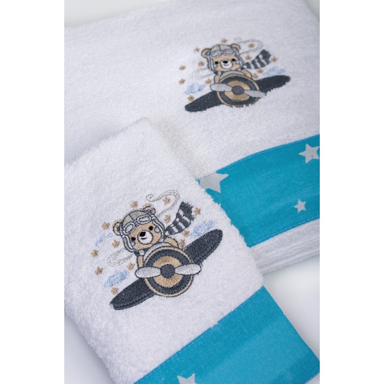 Πετσέτες Παιδικές Σετ Aviator 184 White-Sky Blue Cotton Dimcol 2Τεμ