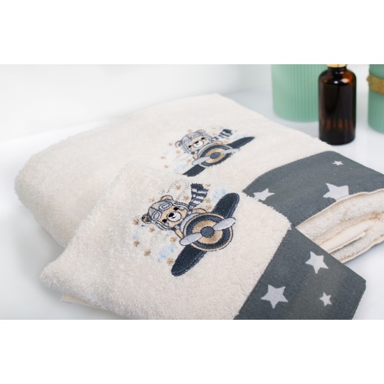 Πετσέτες Παιδικές Σετ Aviator 185 Ecru-Grey Cotton Dimcol 2Τεμ