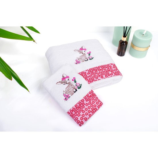 Πετσέτες Παιδικές Σετ Deer 197 White-Pink Cotton Dimcol 2Τεμ