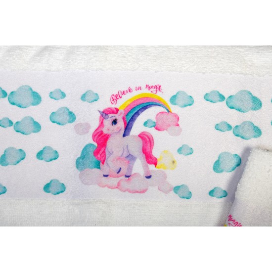 Πετσέτες Παιδικές Με Ψηφιακή Εκτύπωση Σετ Bebe Bath Magic Unicorn 316 White Cotton Dimcol 2Τεμ