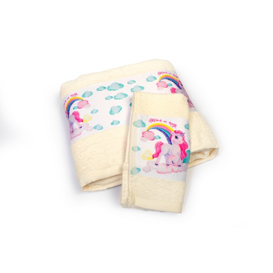 Πετσέτες Παιδικές Με Ψηφιακή Εκτύπωση Σετ Bebe Bath Magic Unicorn 317 Ecru Cotton Dimcol 2Τεμ