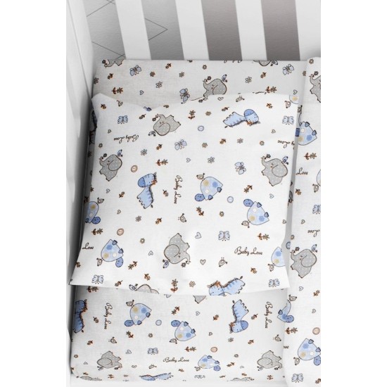Μαξιλαροθήκη Φανελένια Κούνιας Bebe Elephant 074 White-Sky Blue Flannel Cotton Dimcol (35x45) 1Τεμ
