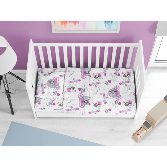 Σεντόνια Βρεφικά Κούνιας Σετ Bebe Princess 389 White-Lilac Dimcol (120x160) 3Τεμ