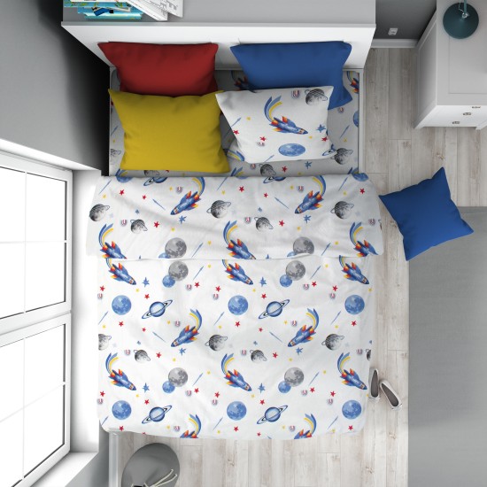 Παπλωματοθήκη Παιδική Μονή Kids Space Mission 184 White-Blue Cotton Dimcol (160x240) 1Τεμ