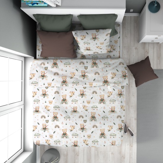 Παπλωματοθήκη Παιδική Μονή Kids Cloudy Bear 581 White-Olive Cotton Dimcol (160x240) 1Τεμ