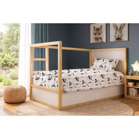 Σεντόνια Παιδικά Μονά Σετ Kids Animal Grand Prix 589 White-Blue Cotton Dimcol (160x240 ) Με Λάστιχο 3Τεμ