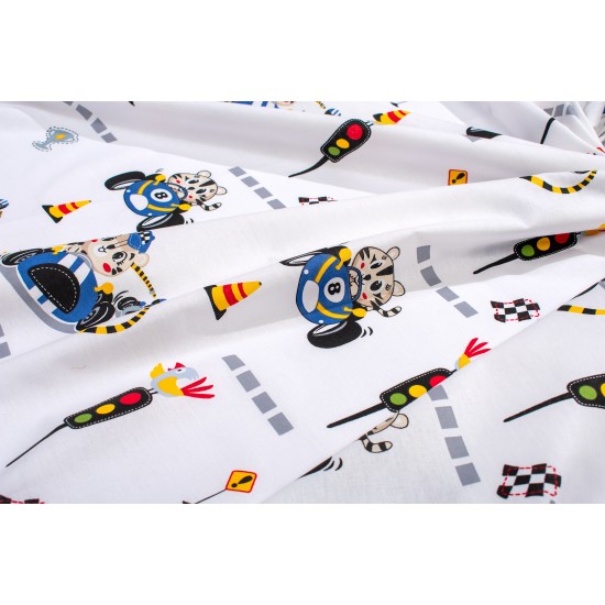 Σεντόνια Παιδικά Μονά Σετ Kids Animal Grand Prix 589 White-Blue Cotton Dimcol (160x240 ) Με Λάστιχο 3Τεμ