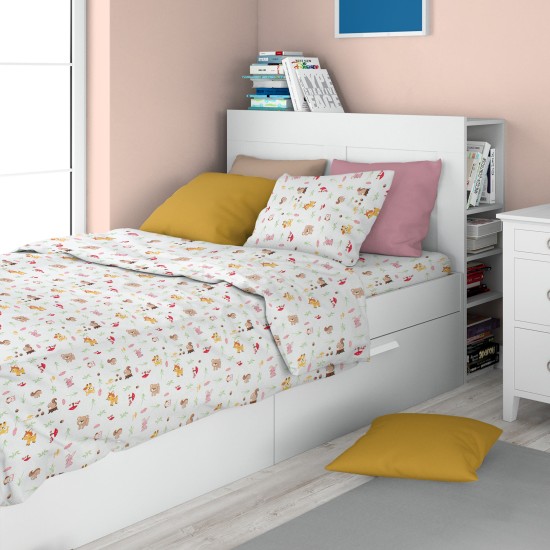 Σεντόνια Παιδικά Μονά Σετ Kids Forest Animals 571 White-Pink Cotton Dimcol (160x240) 3Τεμ