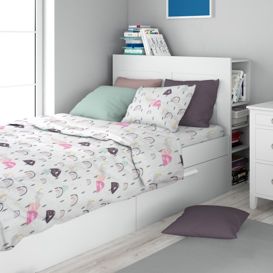 Σεντόνια Παιδικά Μονά Σετ Kids Rainbow 575 White-Pink Cotton Dimcol (160x240) 2Τεμ