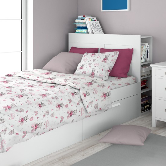 Σεντόνια Παιδικά Μονά Σετ Kids Cloudy Bear 582 White-Pink Cotton Dimcol (160x240) 3Τεμ