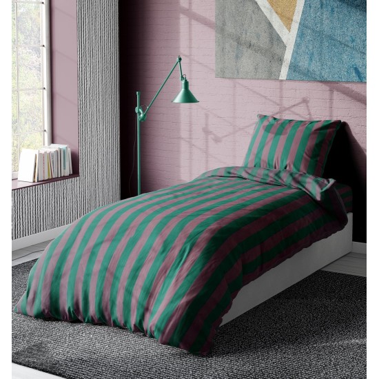 Σεντόνια Μονά Σετ Stripes 156 Green-Antique Pink Satin Cotton Dimcol (160x240) 2Τεμ