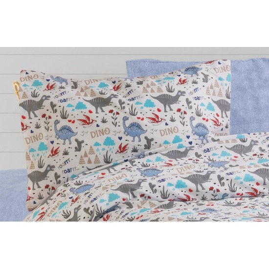 Μαξιλαροθήκη Παιδική Kids Dino 309 White-Blue Polycotton Dimcol (50x70) 1Τεμ