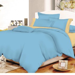 Σεντόνια Υπέρδιπλα Σετ Solid Beige -Light Blue Με Φάσα Cotton Line Komvos (170x200 ) Με Λάστιχο 4Τεμ