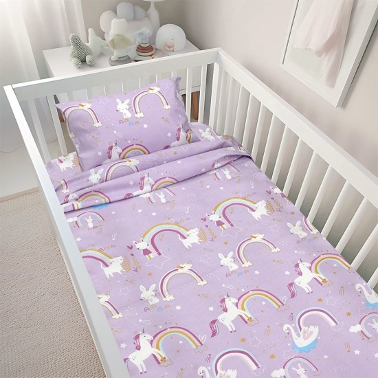 Σεντόνια Βρεφικά Κούνιας Σετ Rainbow Gallop Lilac Cotton Lino (120x180) 3Τεμ