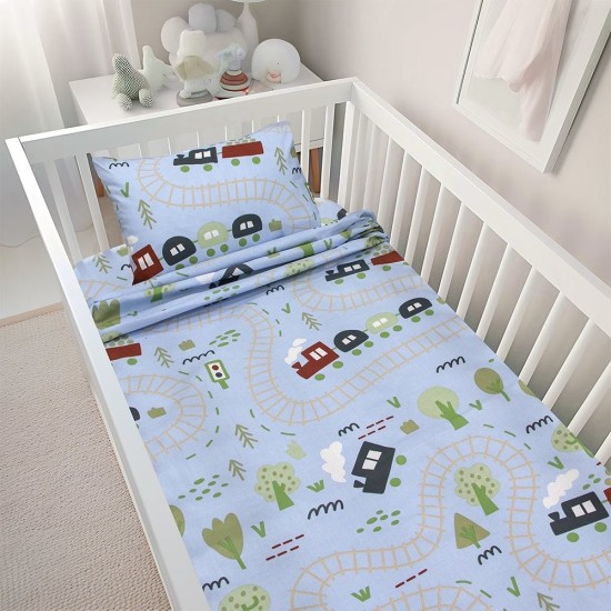 Σεντόνια Βρεφικά Κούνιας Σετ Forest Express Petrol Cotton Lino (120x180) 3Τεμ