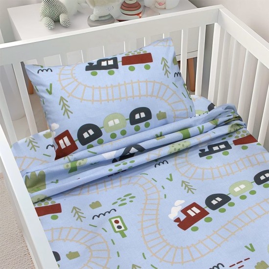 Σεντόνια Βρεφικά Κούνιας Σετ Forest Express Petrol Cotton Lino (120x180) 3Τεμ