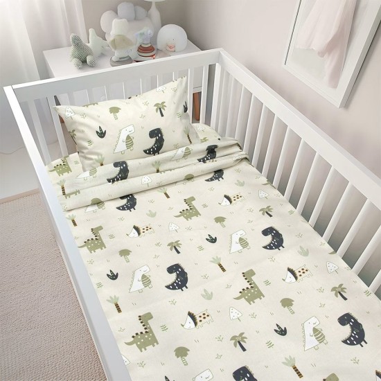 Σεντόνια Βρεφικά Κούνιας Σετ Dino Forest Green Cotton Lino (120x180) 3Τεμ