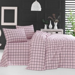 Σεντόνια Φανελένια Μονά Σετ Squares Pink Cotton Rythmos (105x205+25 ) Με Λάστιχο 3Τεμ