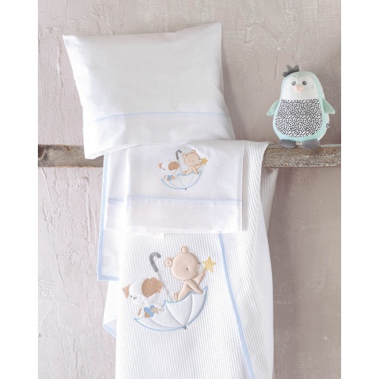 Σεντόνια Βρεφικά Φανελένια Κούνιας Σετ Ubrella Flight L.Blue Cotton Rythmos (100x160) 3Τεμ