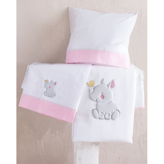 Κουβέρτα Πικέ Βρεφική Με Κέντημα Κούνιας Newborn Rino Pink Cotton Rythmos (120x150) 1Τεμ