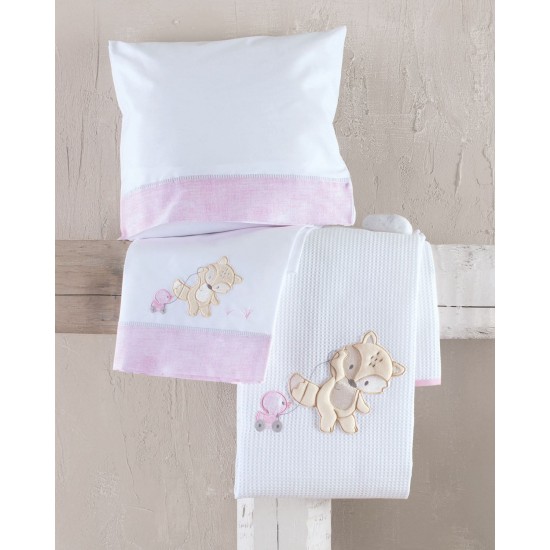 Κουβέρτα Πικέ Βρεφική Με Κέντημα Κούνιας Newborn Fox Pink Cotton Rythmos (120x150) 1Τεμ