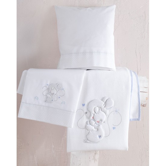 Κουβέρτα Πικέ Βρεφική Με Κέντημα Κούνιας Newborn Hug Me Blue Cotton Rythmos (120x150) 1Τεμ