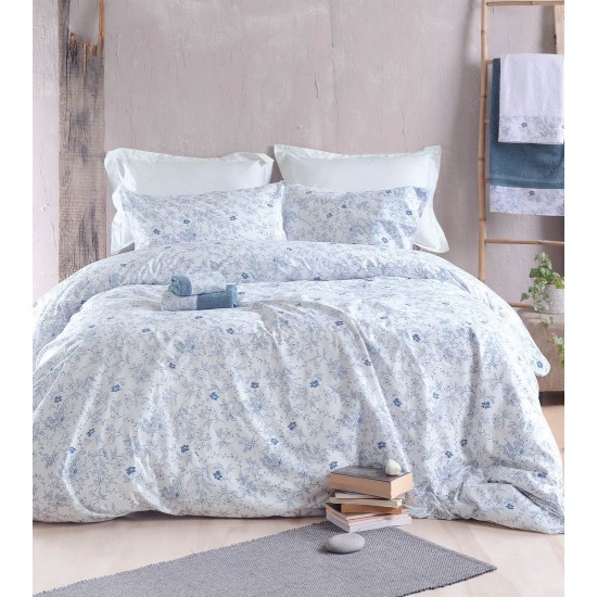 Σεντόνια Μονά Σετ Nova Ortensia Blue Cotton Rythmos (105x205+30 ) Με Λάστιχο 3Τεμ