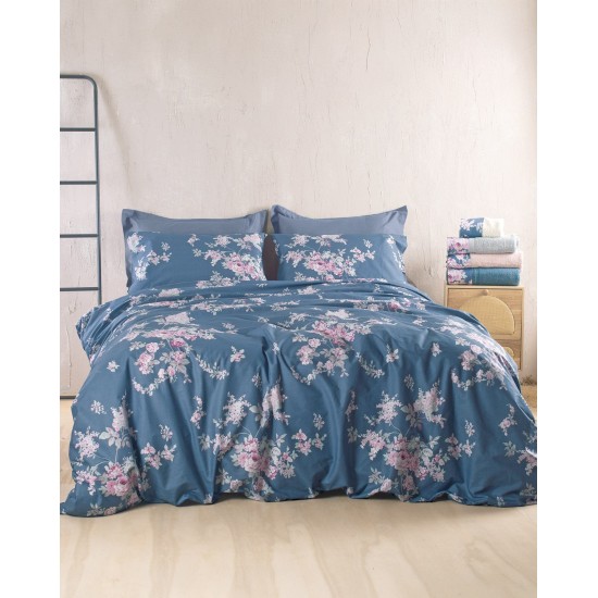 Σεντόνια Υπέρδιπλα Σετ Nova Springtime D.Blue Cotton Rythmos (165x205+30 ) Με Λάστιχο 4Τεμ