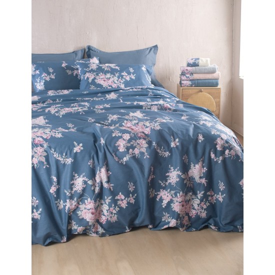 Σεντόνια Υπέρδιπλα Σετ Nova Springtime D.Blue Cotton Rythmos (165x205+30 ) Με Λάστιχο 4Τεμ