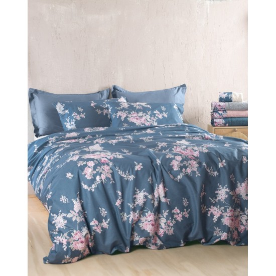 Σεντόνια Υπέρδιπλα Σετ Nova Springtime D.Blue Cotton Rythmos (165x205+30 ) Με Λάστιχο 4Τεμ